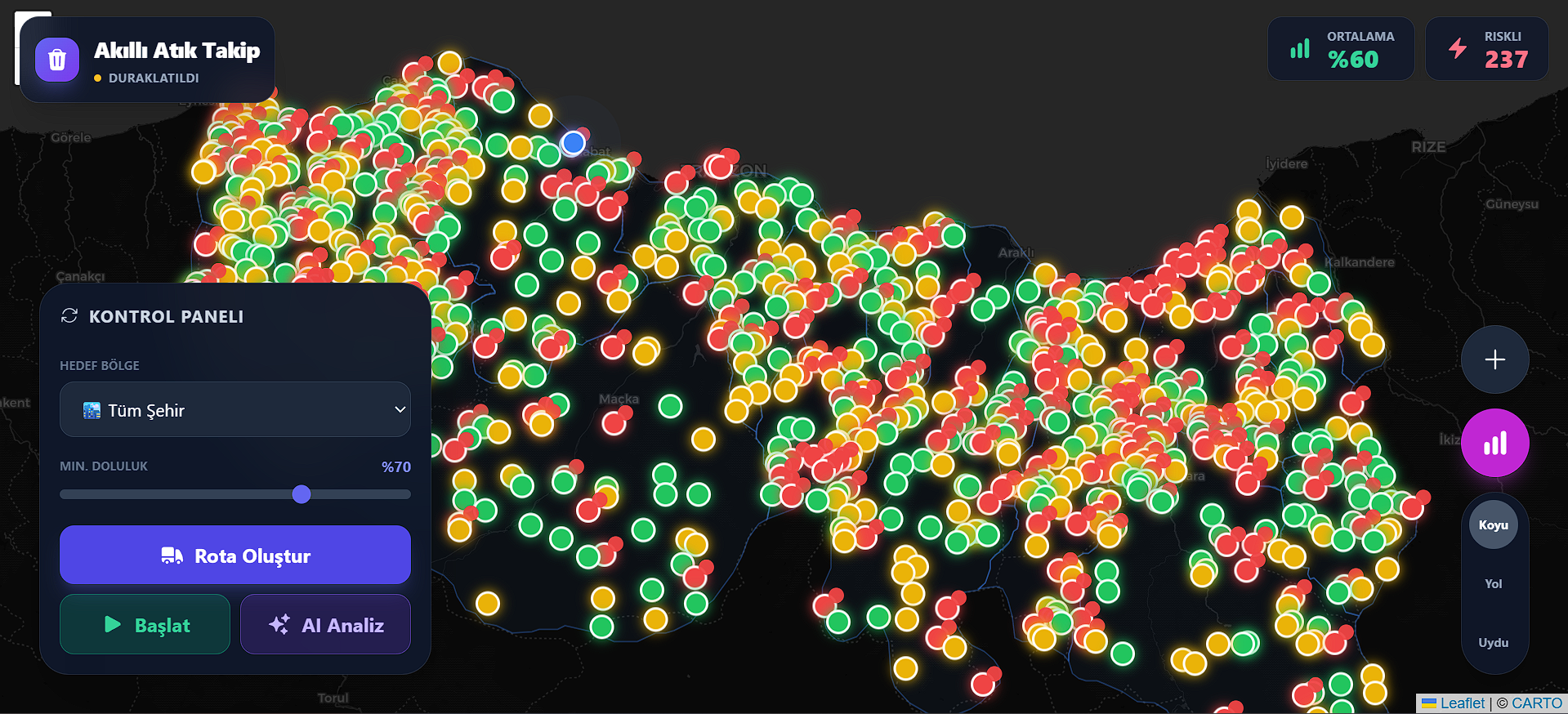 Trabzon İli Akıllı Atık Yönetimi ve Rota Optimizasyon Sistemi